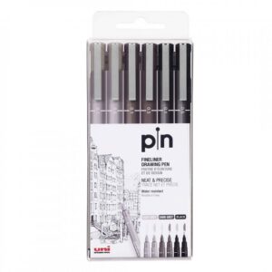 MARCADOR UNI PIN-200 SET X 6 SURTIDOS, GRIS & NEGRO (2006PC)