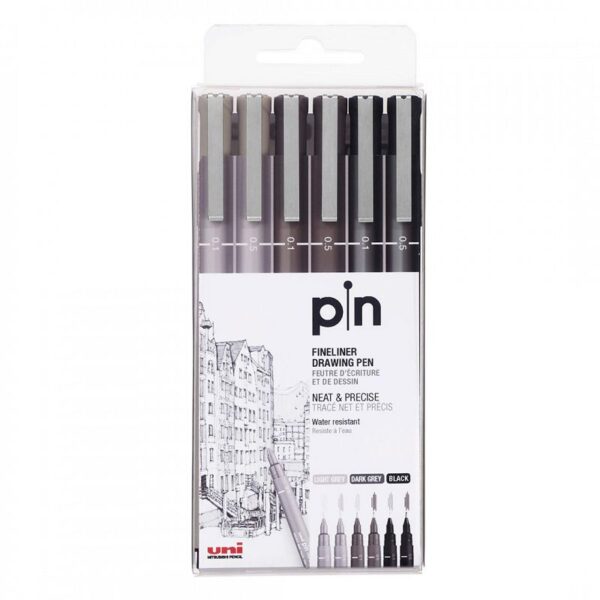 MARCADOR UNI PIN-200 SET X 6 SURTIDOS, GRIS & NEGRO (2006PC)