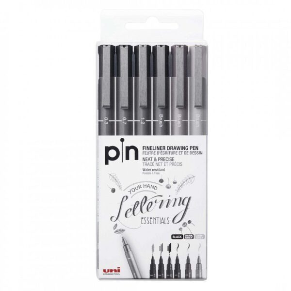 MARCADOR UNI PIN-200 SET X 6 SURTIDOS, LETTERING (2006PL)
